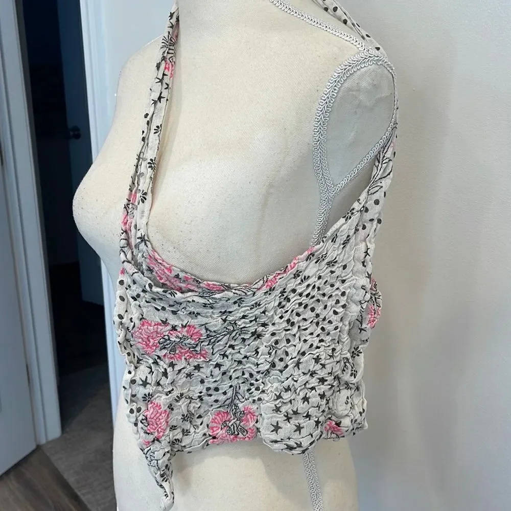 Free People Bohemian Linen Patterned Creme Tote Bag
